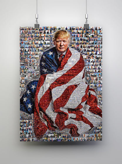 Stunning Mosaic Portrait of Donald Trump Wrapped in American Flag - Unique Wall Art for Patriotic Decor AtelierMosaics