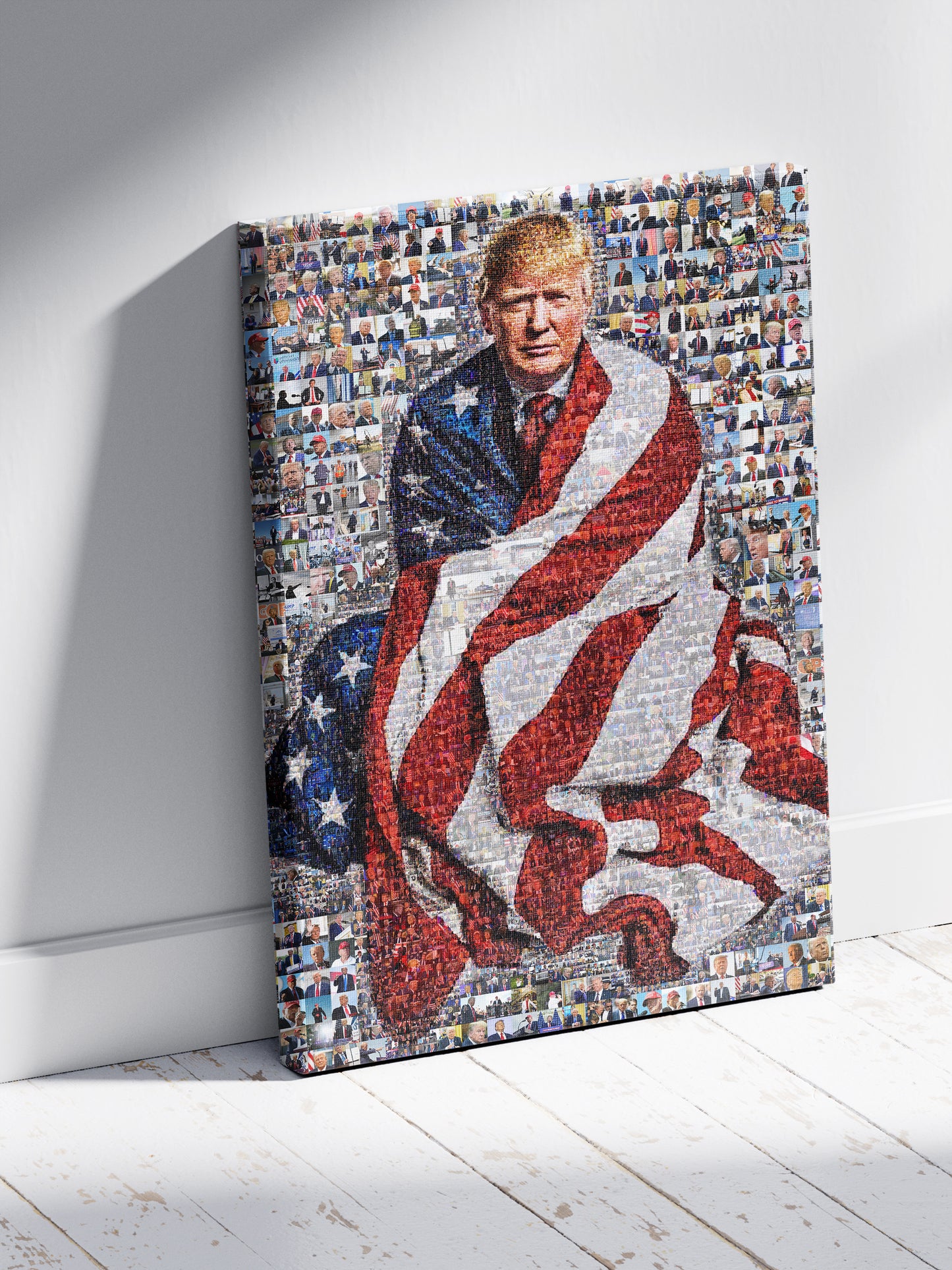 Stunning Mosaic Portrait of Donald Trump Wrapped in American Flag - Unique Wall Art for Patriotic Decor AtelierMosaics
