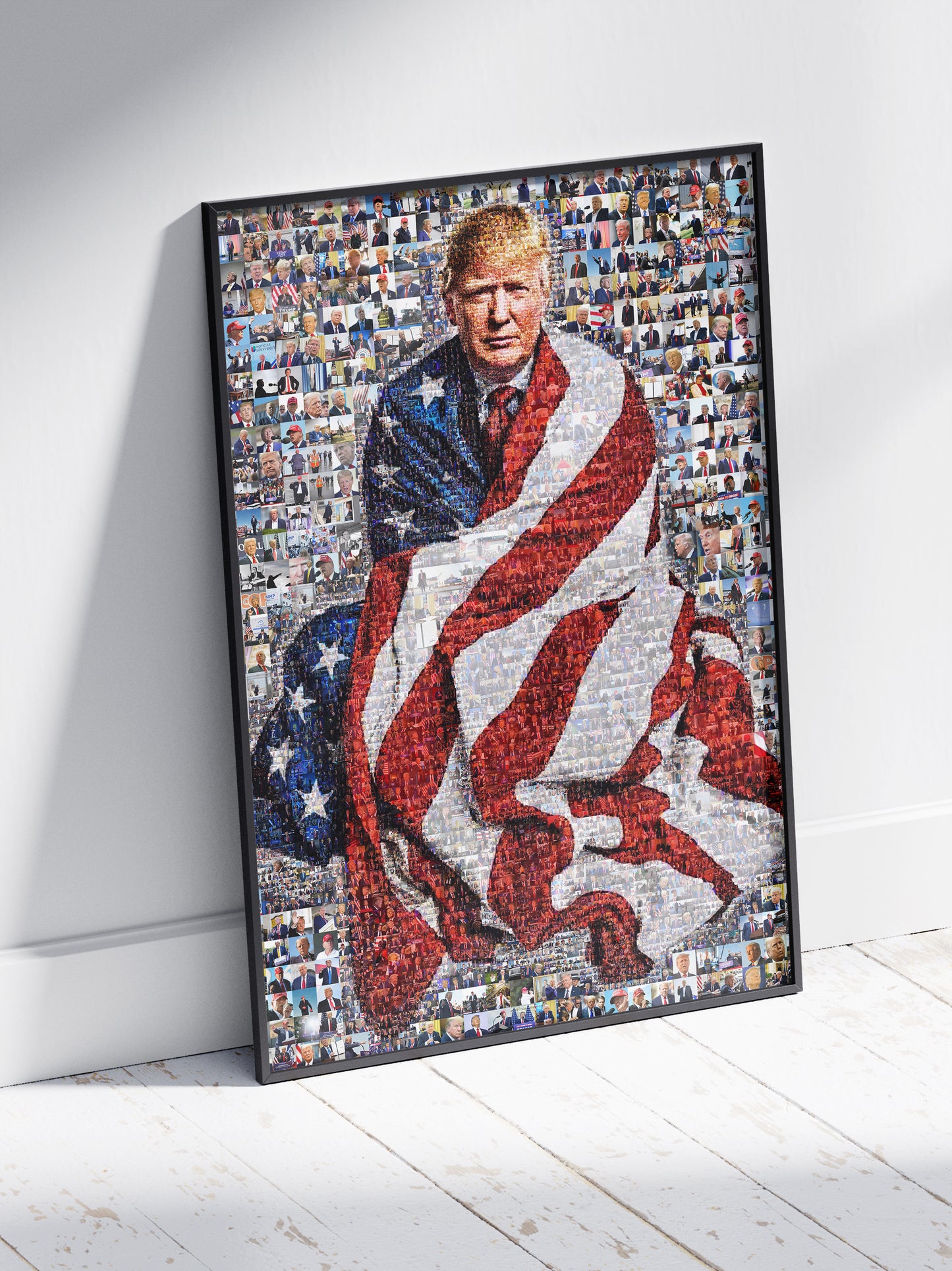Stunning Mosaic Portrait of Donald Trump Wrapped in American Flag - Unique Wall Art for Patriotic Decor AtelierMosaics