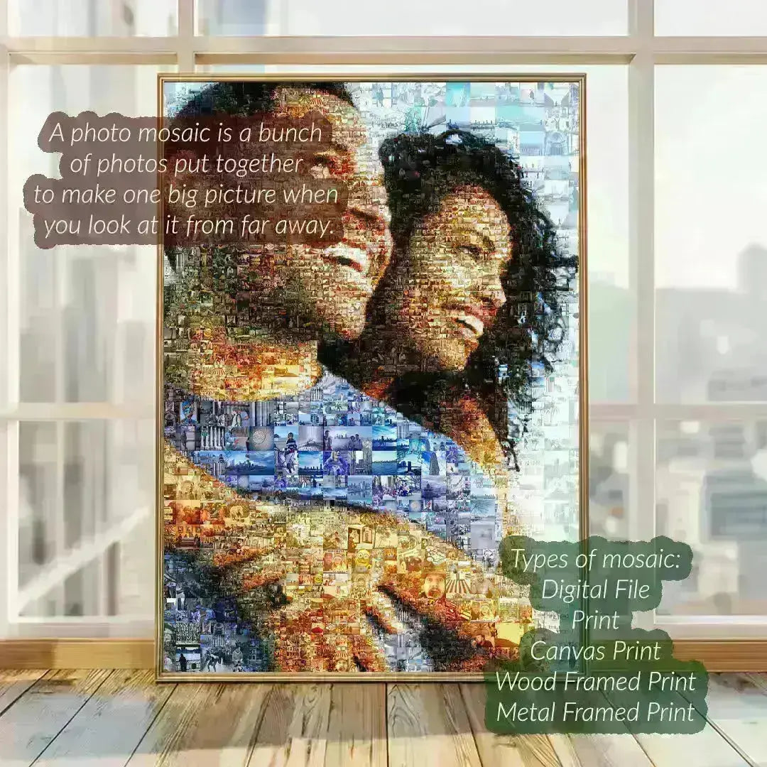 Custom photo mosaic of a couple displayed in a modern living room – personalized anniversary gift
