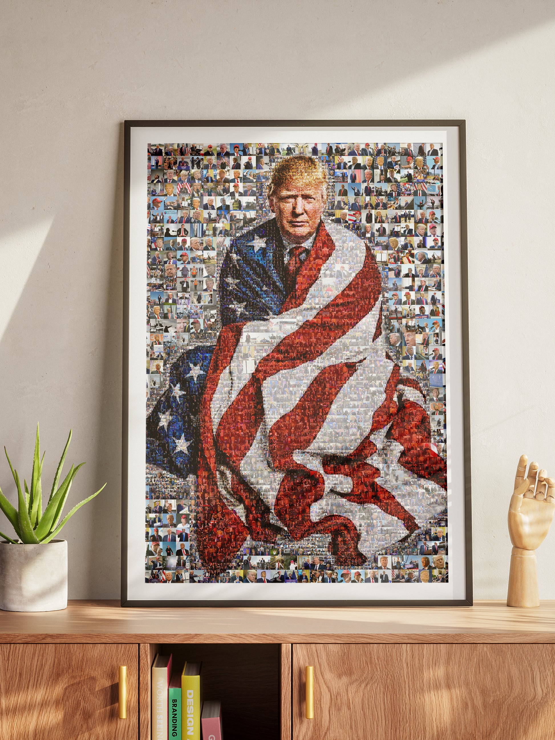 Stunning Mosaic Portrait of Donald Trump Wrapped in American Flag - Unique Wall Art for Patriotic Decor AtelierMosaics
