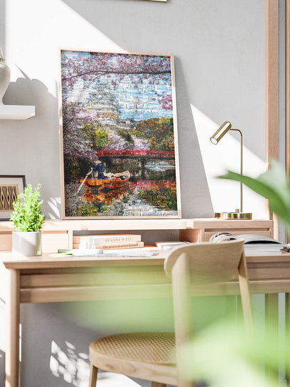 Tokyo Mosaic Art — Boat under Sakura Trees and Castle View - AtelierMosaics