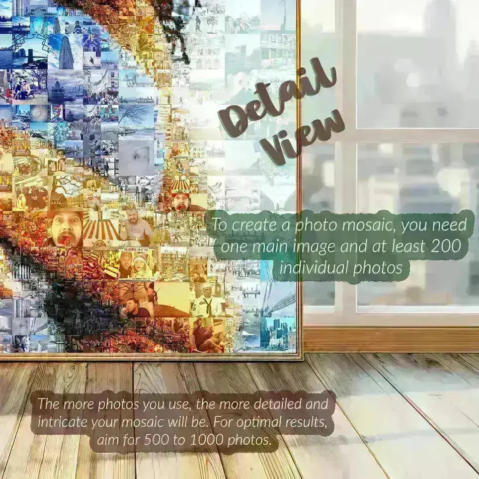 Close-up detail of a custom photo mosaic showing hundreds of small personal photos forming a portrait