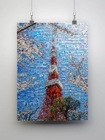 Tokyo Tower & Sakura – Japanese Spring Mosaic Wall Art - AtelierMosaics