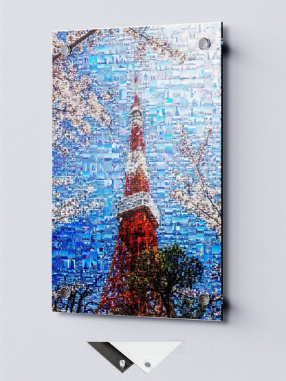 Tokyo Tower & Sakura – Japanese Spring Mosaic Wall Art - AtelierMosaics