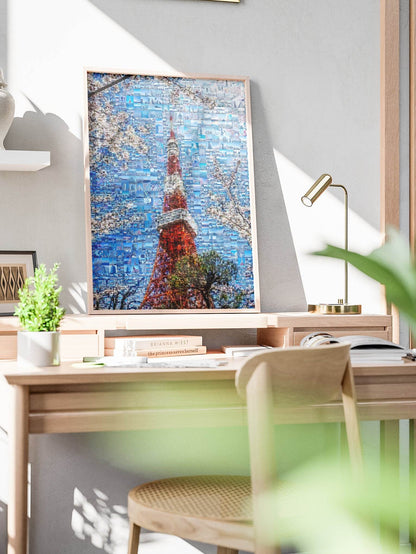 Tokyo Tower & Sakura – Japanese Spring Mosaic Wall Art - AtelierMosaics