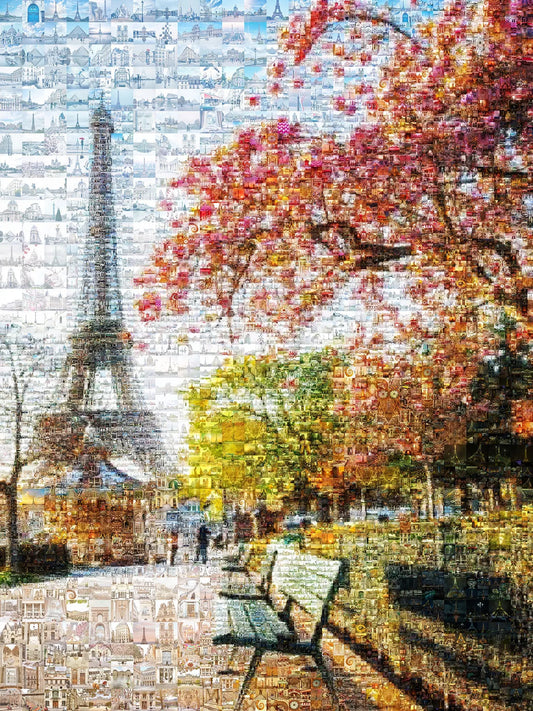Stunning Paris Mosaic Artwork - Captivating View of the Eiffel Tower & Cherry Blossoms AtelierMosaics