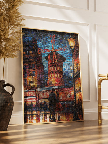 Stunning Paris Mosaic Artwork: Captivating Nighttime Scene of the Moulin Rouge AtelierMosaics