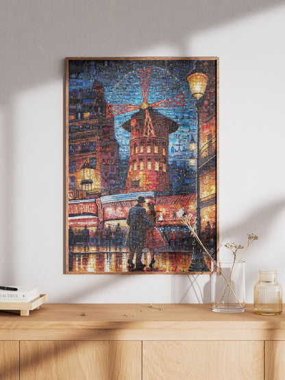 Stunning Paris Mosaic Artwork: Captivating Nighttime Scene of the Moulin Rouge AtelierMosaics