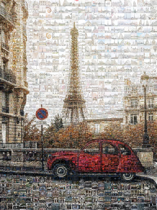 Stunning Paris Mosaic Artwork Featuring the Eiffel Tower and Classic French Car AtelierMosaics