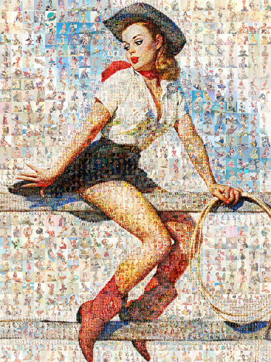 Vintage Cowgirl Mosaic Art - Colorful Retro Pin-Up Wall Decor for Home & Office