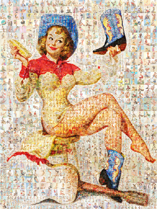 Vintage Western Pin-Up Mosaic Art - Colorful Retro Artwork for Home Decor and Collectors