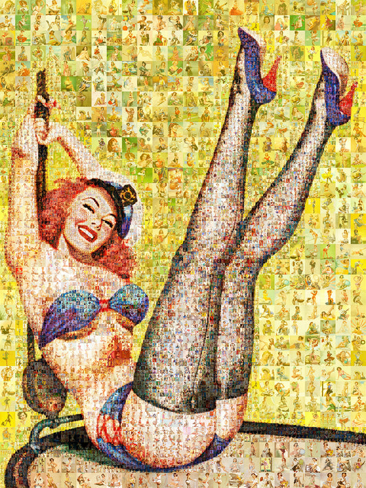 Vibrant Mosaic Artwork of Retro Pin-Up Girl | Unique Wall Art for Home Decor
