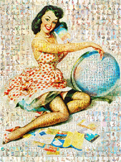 Custom photo mosaic of a vintage pin-up woman in red polka dot dress, handcrafted style