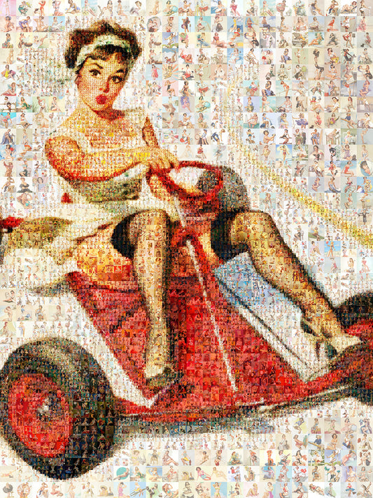 Vintage Mosaic Artwork: Retro Pin-Up Girl in Go-Kart - Unique Home Decor Piece