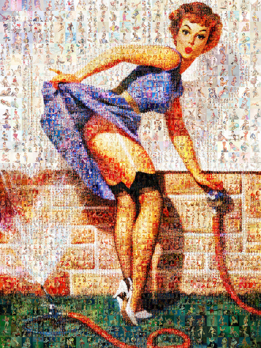 Vintage Mosaic Artwork: Retro Pin-Up Girl in a Blue Dress - Unique Wall Art for Home Decor
