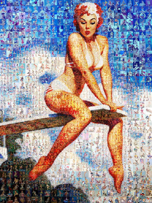 Vintage Mosaic Artwork: Retro Swimmer Collage in Bright Colors | Unique Wall Decor for Home or Office