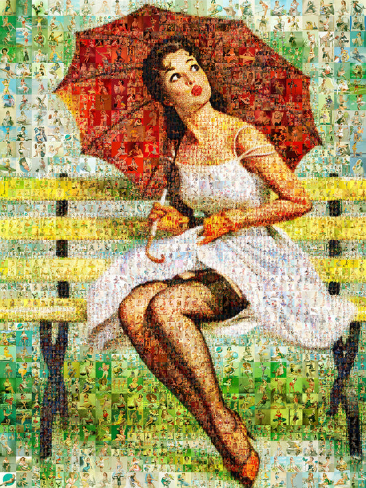 Vintage Mosaic Artwork: Captivating Lady with Umbrella - Perfect for Home Decor & Art Lovers