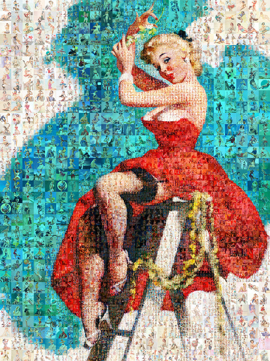 Vintage Glamour Mosaic Artwork: Retro Pin-Up Collage Perfect for Home Décor and Art Enthusiasts