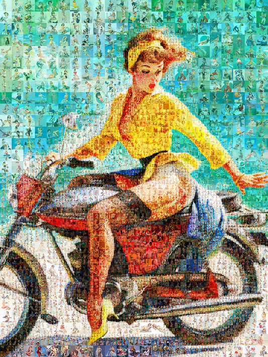 Vintage Mosaic Art of a Glamorous Woman on a Motorcycle - Retro Wall Decor for Art Lovers