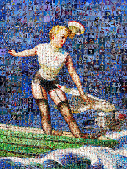 Vibrant Mosaic Artwork of a Vintage Pin-Up Surfer - Unique Home Decor for Art Lovers