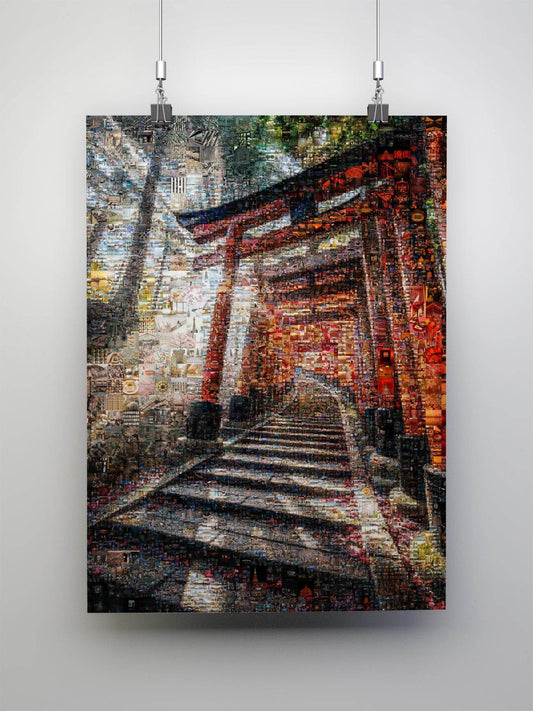 Fushimi Inari path Kyoto torii mosaic art - Japanese shrine canvas wall decor
