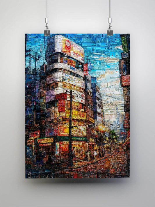 Tokyo Shibuya street scene dusk mosaic art - Japanese cityscape canvas wall decor