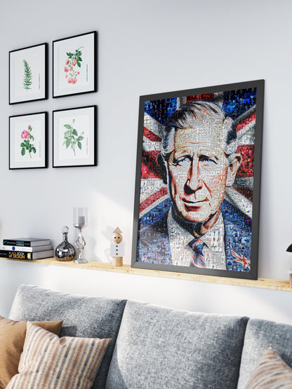 Mosaic Artwork of King Charles III - Unique Royal Portrait for Home Decor