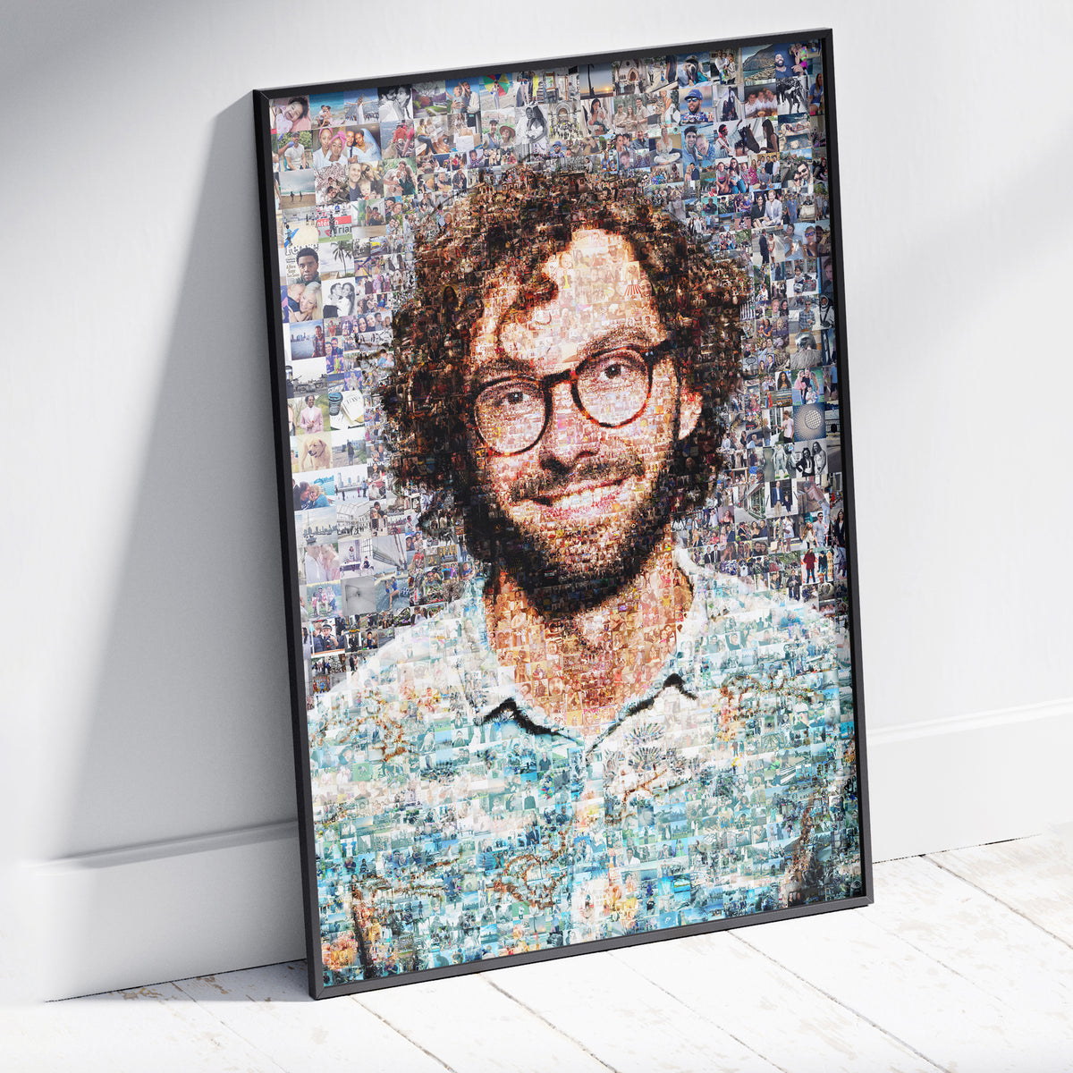 Custom photo mosaic displayed in a classic wood frame