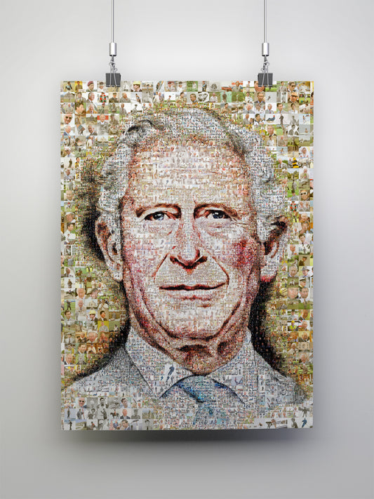 Unique Mosaic Artwork of King Charles III Blowing Bubble Gum - Modern Royal Art