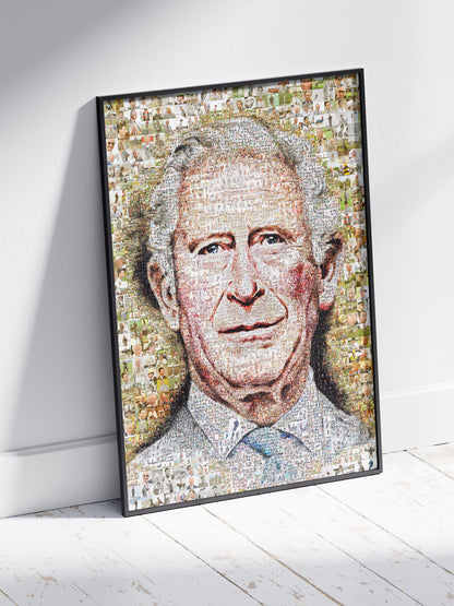 Unique Mosaic Artwork of King Charles III Blowing Bubble Gum - Modern Royal Art