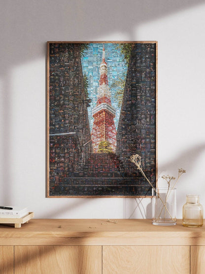 Tokyo Mosaic Art — Tokyo Tower Framed by Night Streets - AtelierMosaics