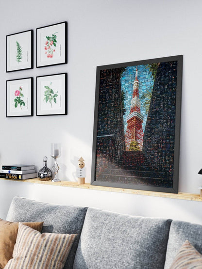 Tokyo Mosaic Art — Tokyo Tower Framed by Night Streets - AtelierMosaics