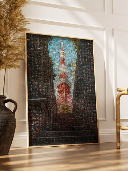Tokyo Mosaic Art — Tokyo Tower Framed by Night Streets - AtelierMosaics