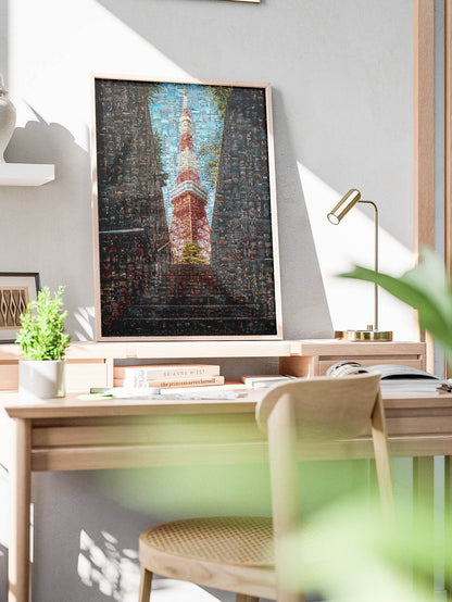 Tokyo Mosaic Art — Tokyo Tower Framed by Night Streets - AtelierMosaics