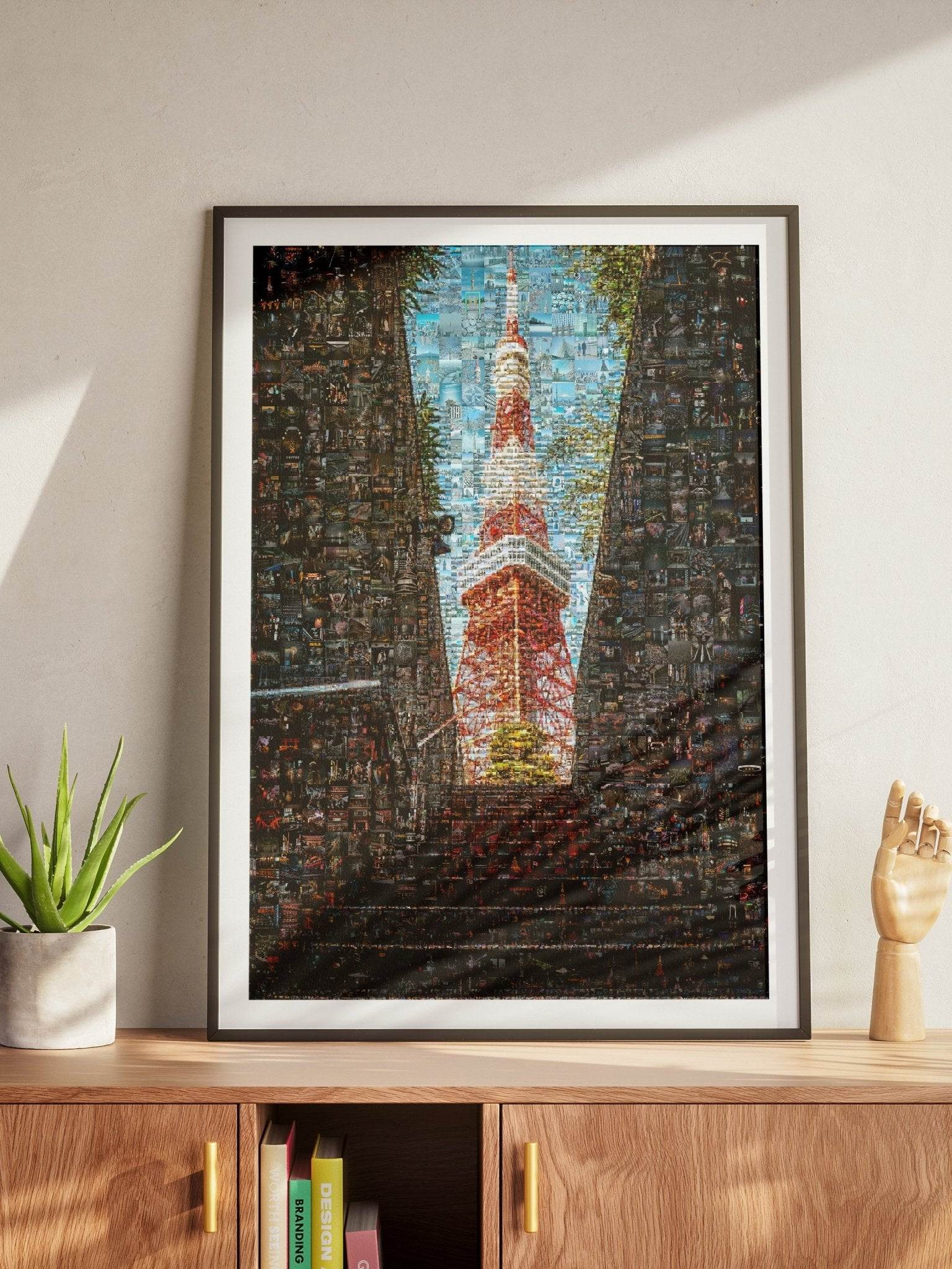 Tokyo Mosaic Art — Tokyo Tower Framed by Night Streets - AtelierMosaics