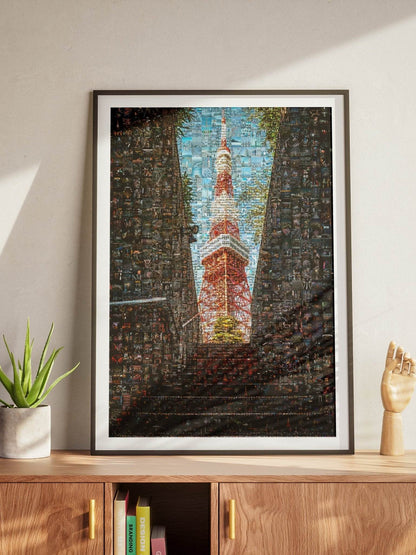 Tokyo Mosaic Art — Tokyo Tower Framed by Night Streets - AtelierMosaics