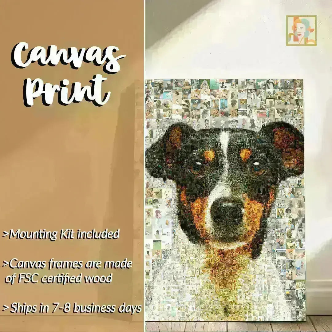 Custom pet photo mosaic canvas print on wood floor – dog portrait made from hundreds of photos