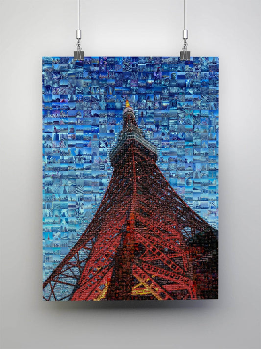 Tokyo Tower rising blue sky mosaic art - Japanese landmark canvas wall decor