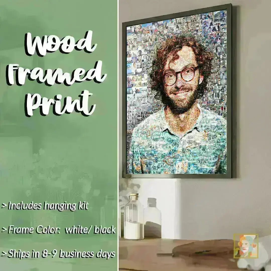 Custom photo mosaic wood framed print on wall – personalized portrait handcrafted from 300+ photos