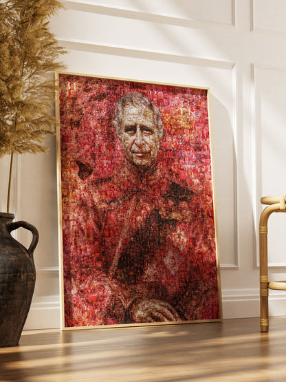 Vibrant Mosaic Artwork of King Charles III - Iconic British Art for Home Decor
