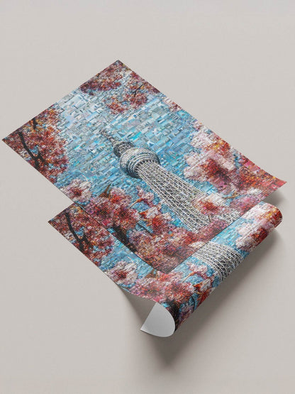 Tokyo Mosaic Art — Skytree Framed by Sakura Blossoms - AtelierMosaics