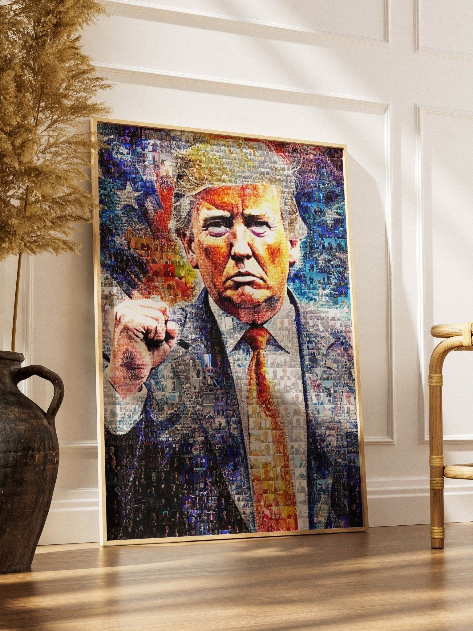 Donald Trump with Raised Fist – Mosaic Art of Strength and Victory - AtelierMosaics