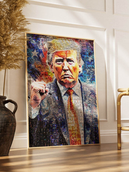 Donald Trump with Raised Fist – Mosaic Art of Strength and Victory - AtelierMosaics