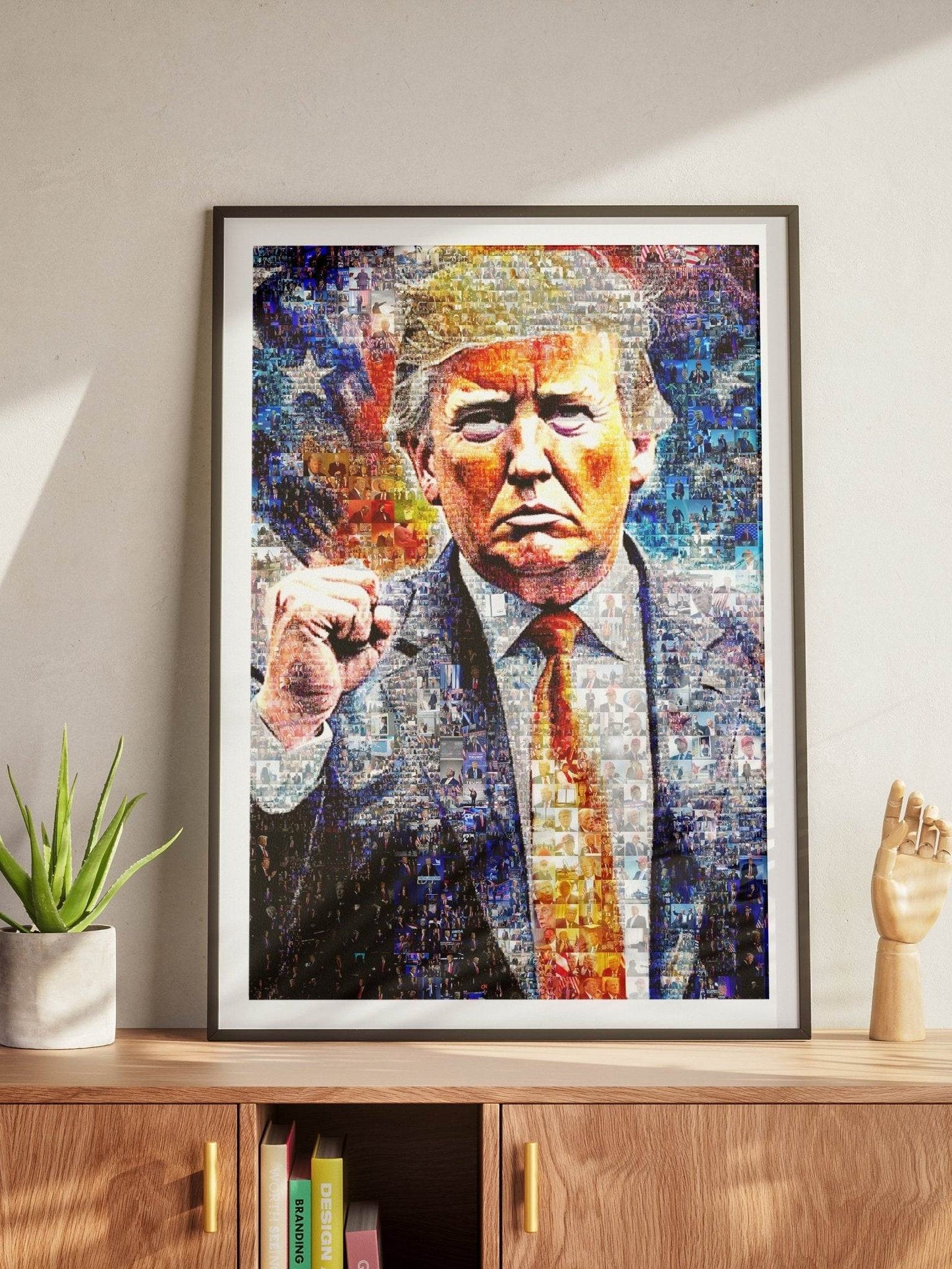 Donald Trump with Raised Fist – Mosaic Art of Strength and Victory - AtelierMosaics