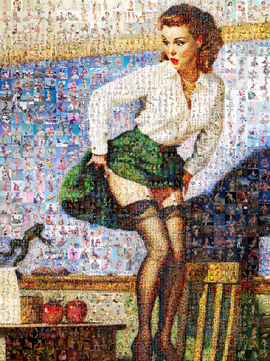 Classic Pin-Up Mosaic Poster – Retro Girl in Green Skirt, Vintage Wall Art Made from Hundreds of Pin-Up Illustrations