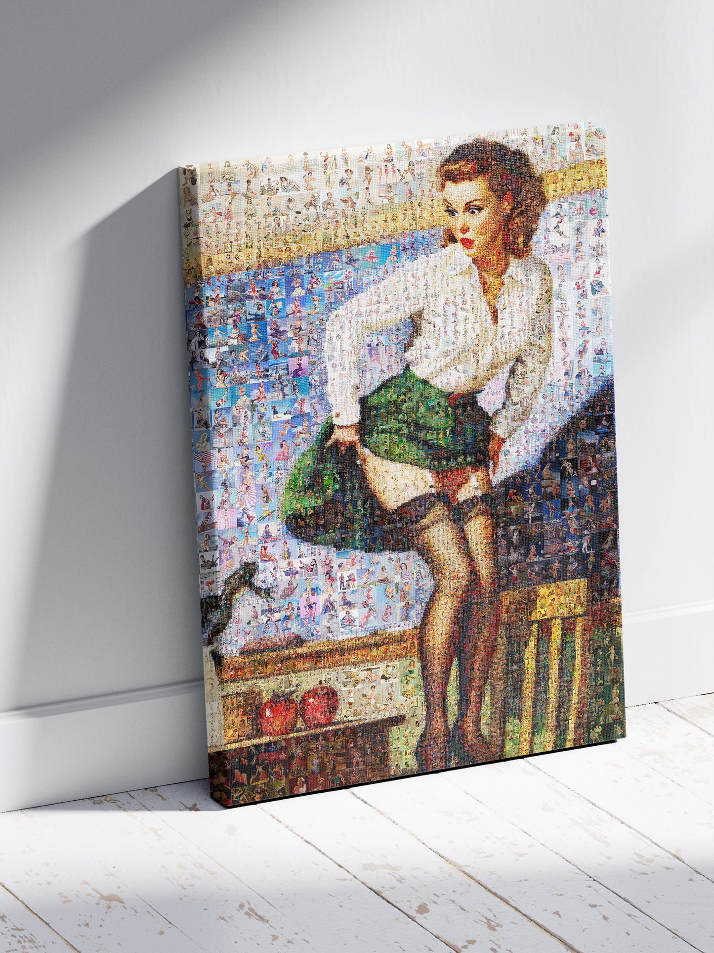 Classic Pin-Up Mosaic Poster – Retro Girl in Green Skirt, Vintage Wall Art Made from Hundreds of Pin-Up Illustrations