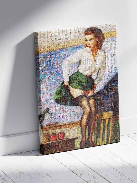 Classic Pin-Up Mosaic Poster – Retro Girl in Green Skirt, Vintage Wall Art Made from Hundreds of Pin-Up Illustrations