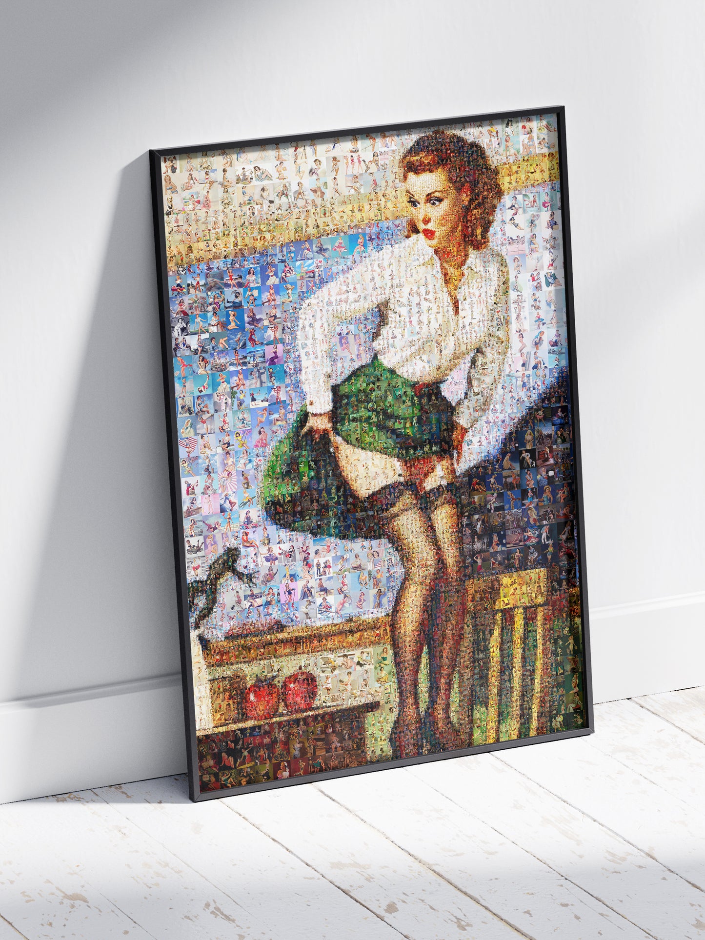 Classic Pin-Up Mosaic Poster – Retro Girl in Green Skirt, Vintage Wall Art Made from Hundreds of Pin-Up Illustrations