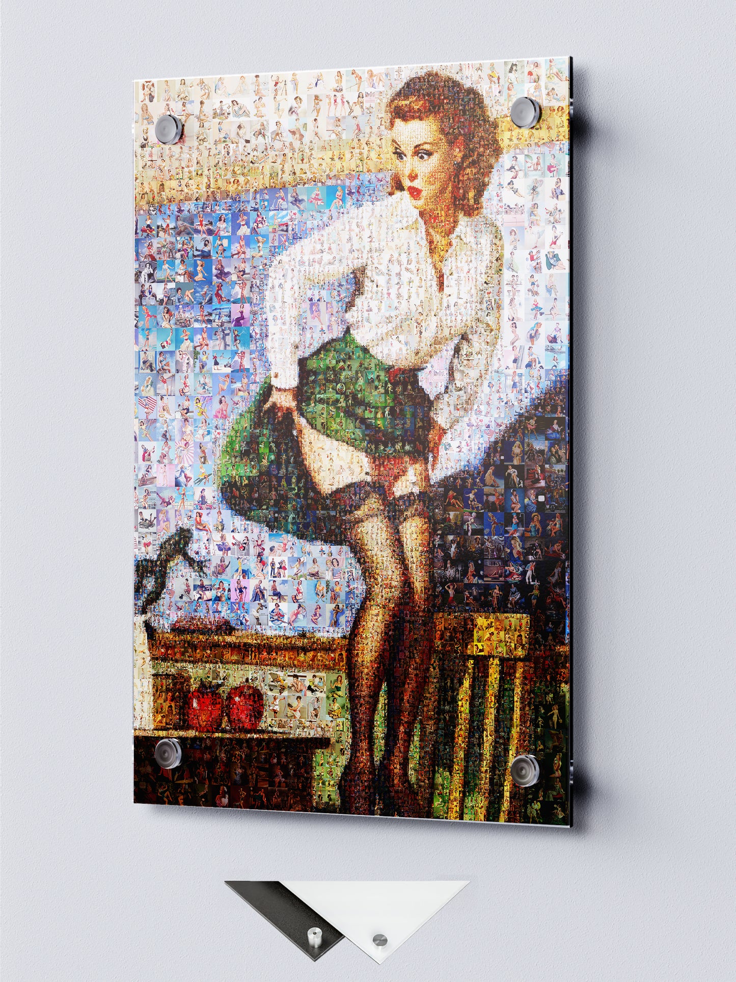 Classic Pin-Up Mosaic Poster – Retro Girl in Green Skirt, Vintage Wall Art Made from Hundreds of Pin-Up Illustrations
